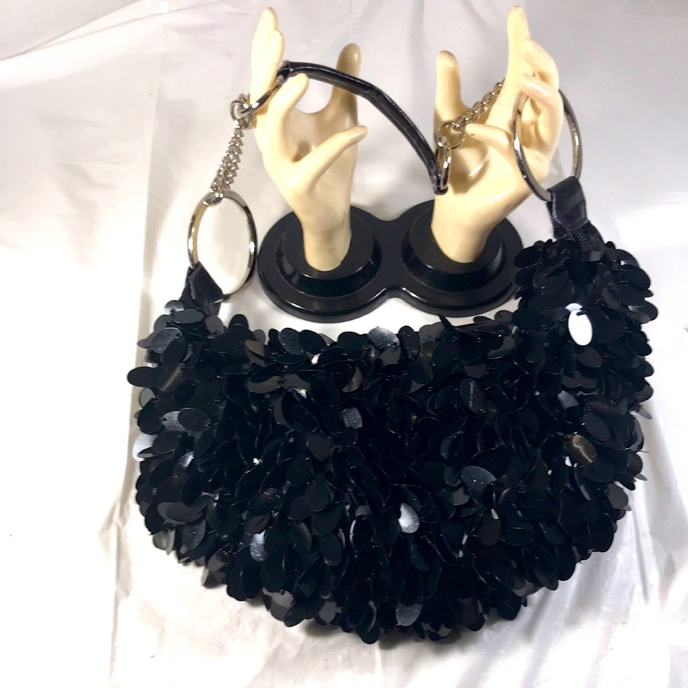 Black Sequin Hobo Slouchy Goth Punk Handbag Silver Chains Shoulder Purse